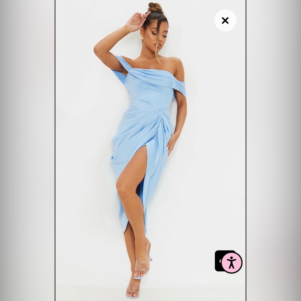 Blue satin draped Bardot midi dress from Pretty little thing